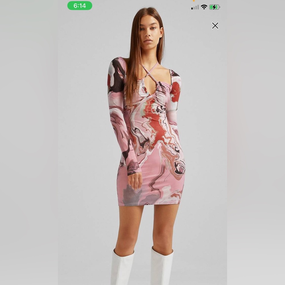 Bershka marble strappy long sleeve mini dress in pink